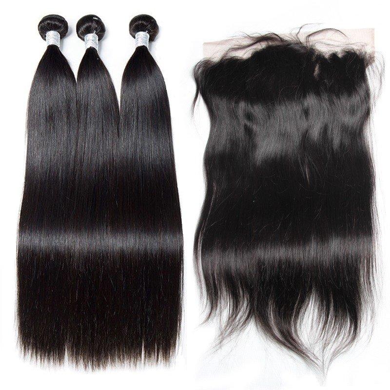 Modern Show Hair Indian Virgin Remy Straight Human Hair Pre Plucked Lace Frontal Closure With 3 Bundles Sale