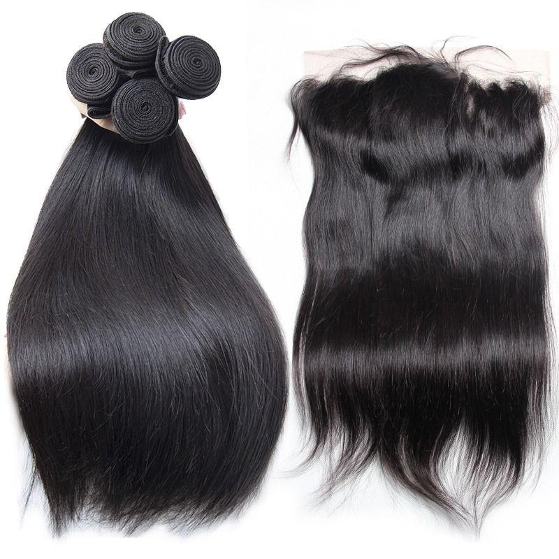 10A Raw Indian Straight Virgin Remy Human Hair 4 Bundles With Lace Frontal Closure