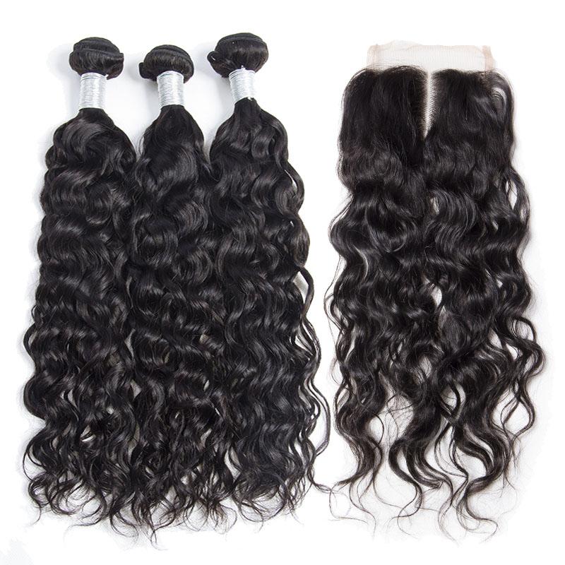 Modern Show 10A Raw Indian Virgin Human Hair Weave Water Wave 3 Bundles With Lace Closure