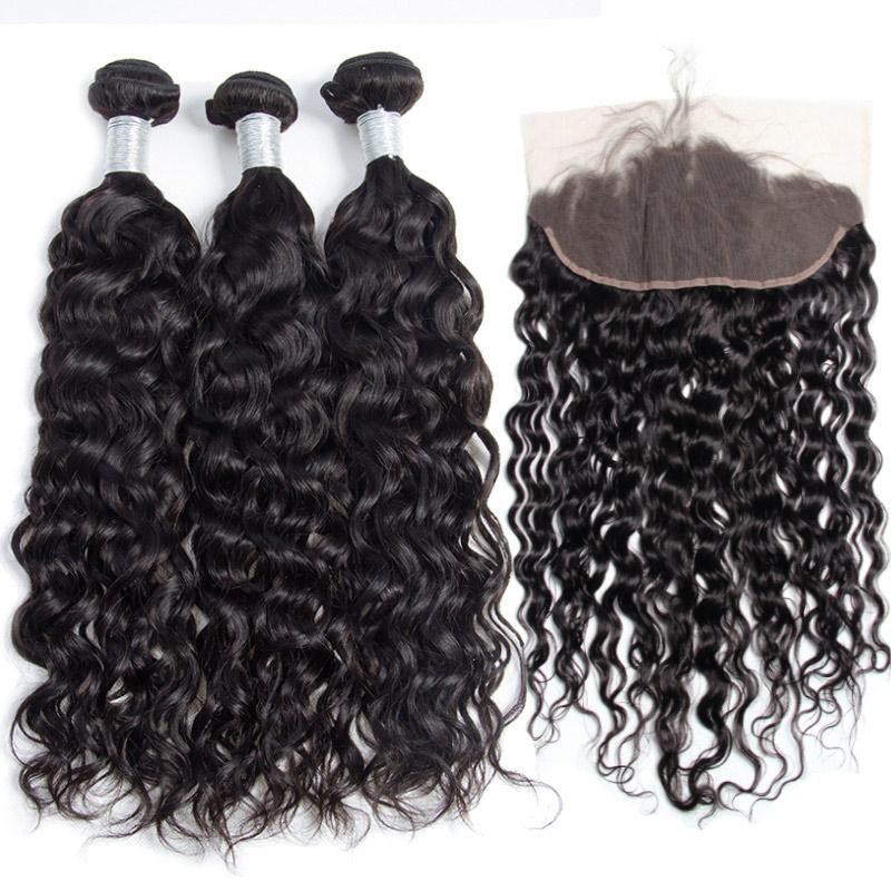 Modern Show Hair Raw Indian hair 3 Bundles Water Wave Human Hair Weave With Pre Plucked Lace Frontal Closure