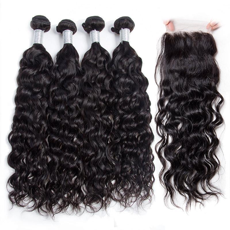 Modern Show Hair 10A Raw Indian Virgin Hair Water Wave 4 Bundles With Closure Wet And Wavy Human Hair Extensions