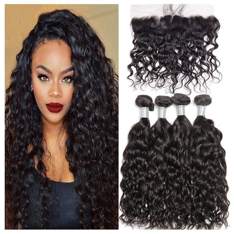 Modern Show 10A Unprocessed Raw Indian Virgin Hair Water Wave Human Hair 4 Bundles With Lace Frontal Closure
