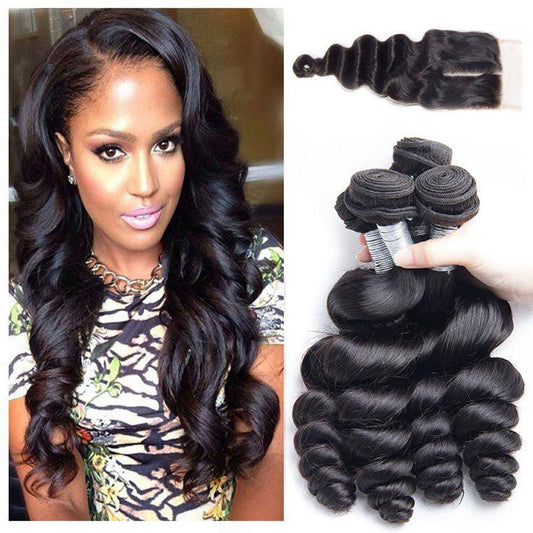 Modern Show 10A Grade Unprocessed Virgin Malaysian Loose Wave Human Hair 4 Bundles With Lace Closure