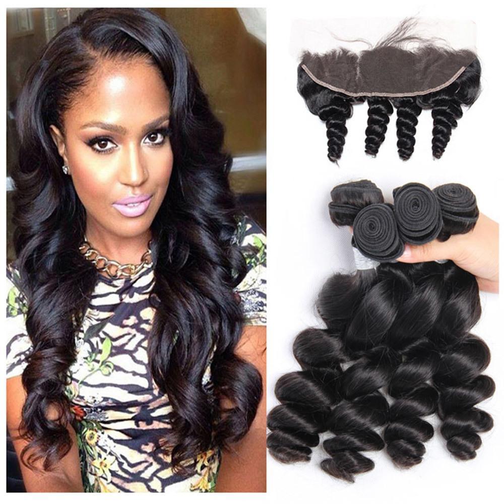 Modern Show Malaysian Loose Wave Human Hair 4 Bundles With Pre Plucked Lace Frontal Closure Remy Hair Extensions