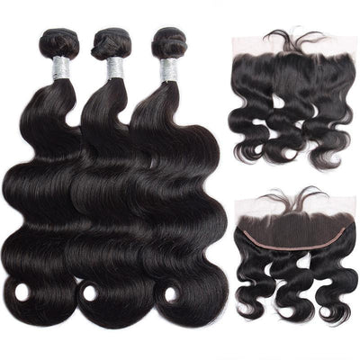 Modern Show Hair Virgin Remy Peruvian Body Wave Hair 3 Bundles With Lace Frontal Closure For Sale