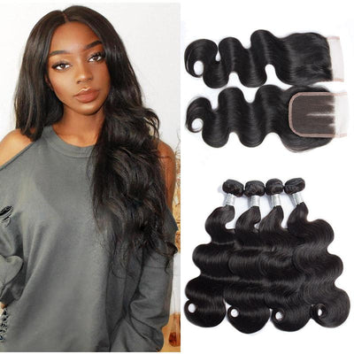 Modern Show High Quality Unprocessed Peruvian Virgin Remy Body Wave Hair 4 Bundles With Lace Closure