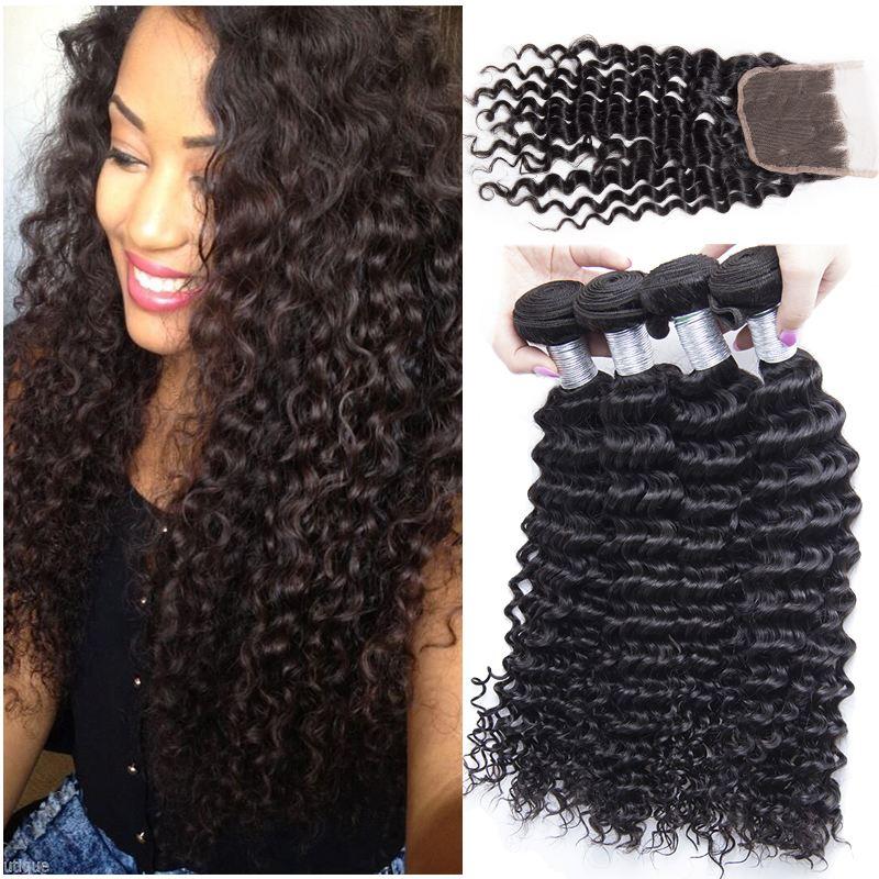 Modern Show Virgin Remy Peruvian Deep Curly Human Hair 4 Bundles With 4X4 Lace Closure