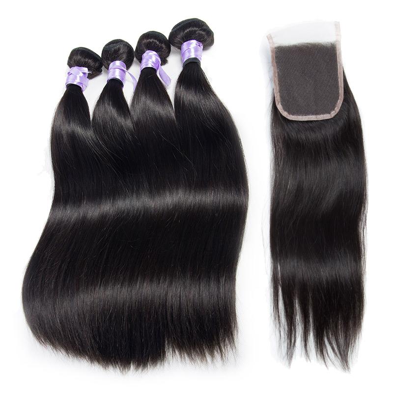 Virgin Peruvian Straight Remy Human Hair Weave 4 Bundles With Closure ...
