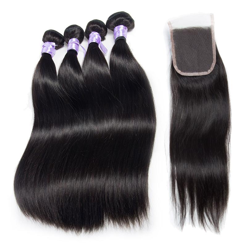 Modern Show Hair 10A Peruvian Straight Virgin Remy Human Hair Weave 4 Bundles With Lace Closure