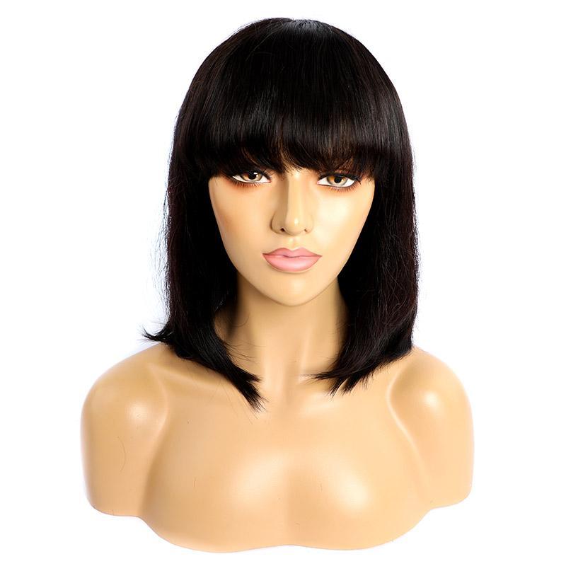 Short Straight Bob Wig With Bangs Glueless Machine Made Wig Indian Human Hair Wig With Bangs