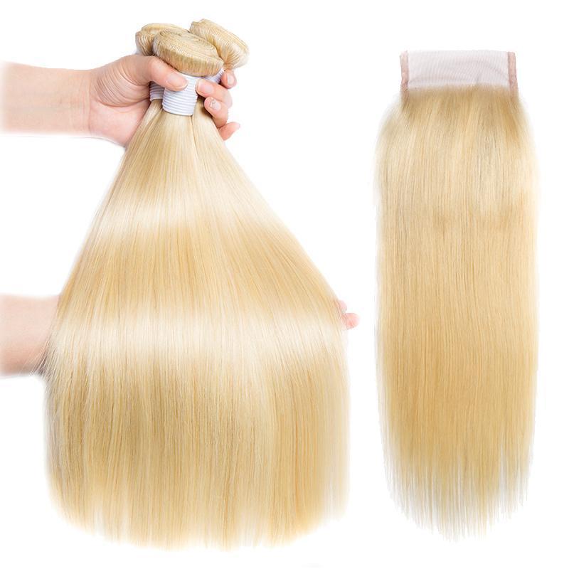 Modern Show Malaysian Straight Hair 3 Bundles With Closure 613 Blonde Human Hair Bundles With Closure