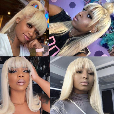 Modern Show 18 Inch 613 Honey Blonde Human Hair Wigs With Bangs Brazilian Straight Hair Glueless Machine Wig