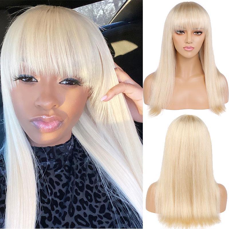 Modern Show 18 Inch 613 Honey Blonde Human Hair Wigs With Bangs Brazilian Straight Hair Glueless Machine Wig