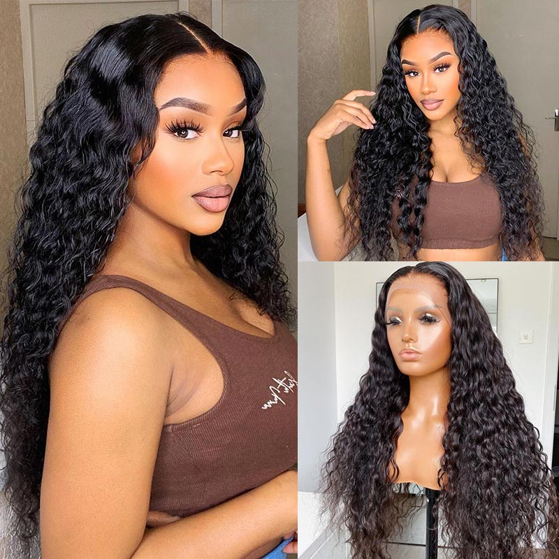 150 Density Brazilian Virgin Human Hair Water Wave Glueless Lace Front Wigs Half Lace Wigs