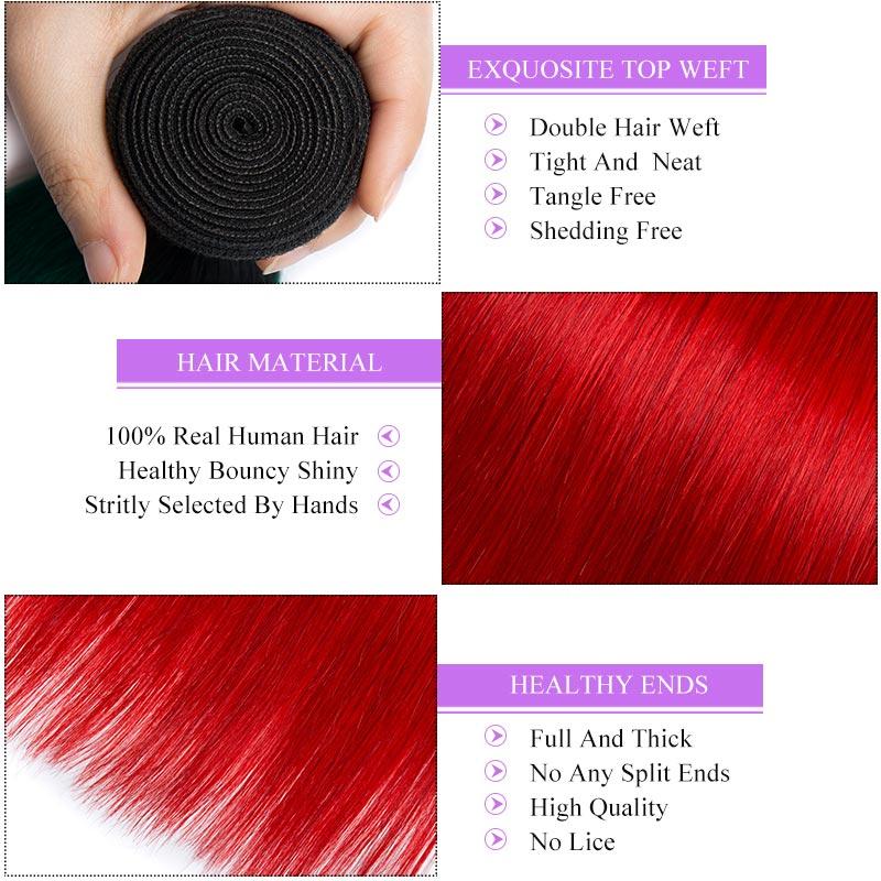 Modern Show 1B/Red Color Ombre Straight Hair Bundles With Frontal Human Hair Brazilian Weave 3pcs With Lace Frontal Closure