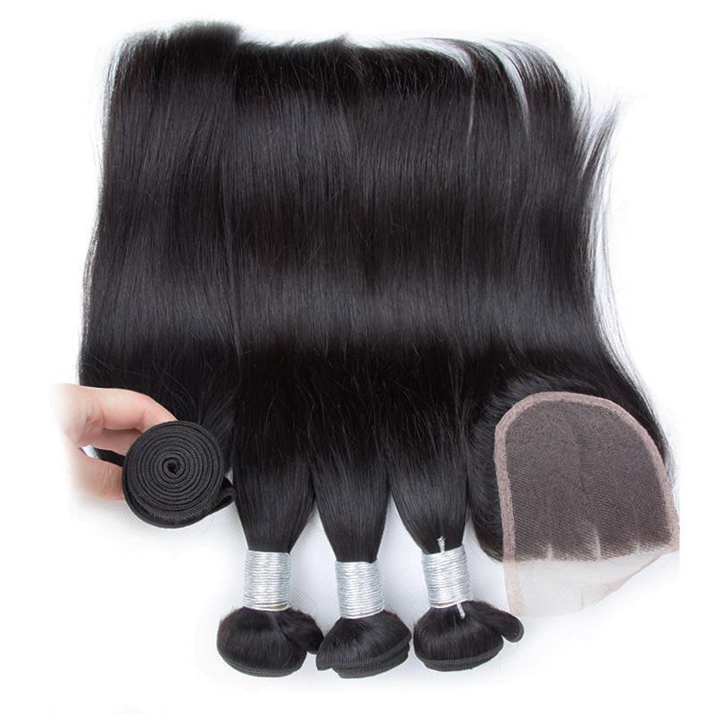 Modern Show Virgin Remy Brazilian Straight Human Hair Weave 4 Bundles With Lace Closure DEAL