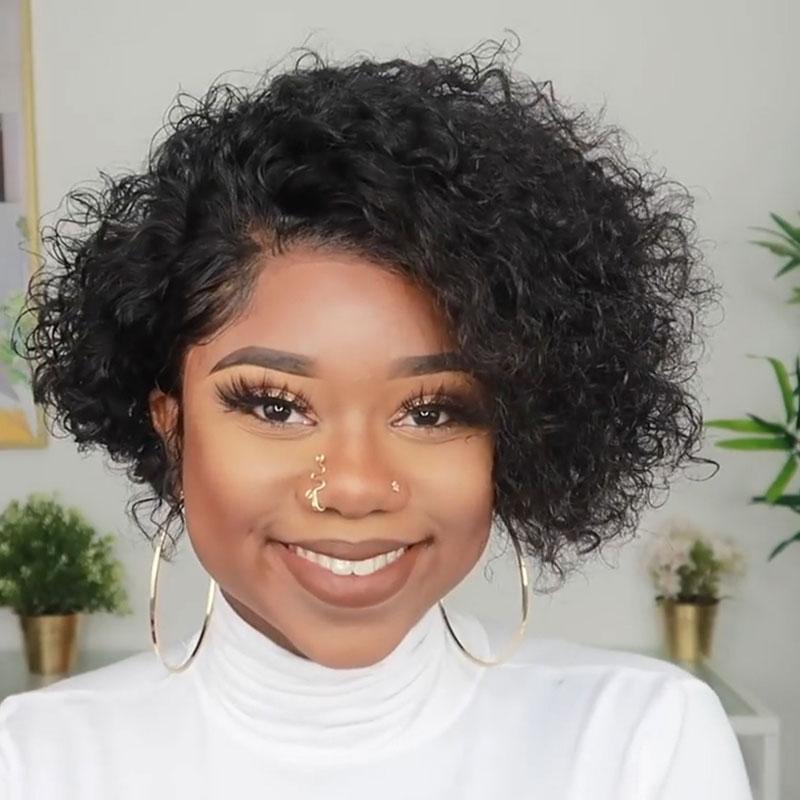 Short Pixie Cut Wig Brazilian Water Wave Human Hair Lace Closure