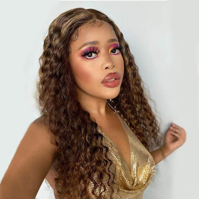 Modern Show Balayage Highlight Deep Wave Lace Front Wigs P4/27 Color Brazilian Ombre Curly Human Hair Invisible Lace Frontal Wig Pre Plucked