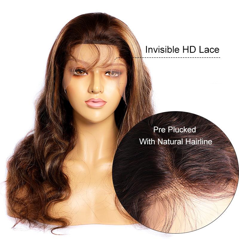 Modern Show Balayage Highlight Human Hair Wigs P4/27 Color Brazilian Ombre Body Wave Hair Invisible Lace Front Wig Pre Plucked