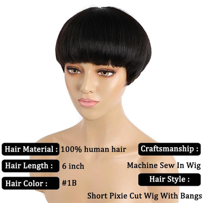 Short Straight Human Hair Wigs With Bangs Pixe Wedge Haircut Wig For Women Glueless Machine Wig