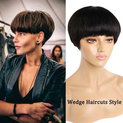 Short Straight Human Hair Wigs With Bangs Pixe Wedge Haircut Wig For Women Glueless Machine Wig
