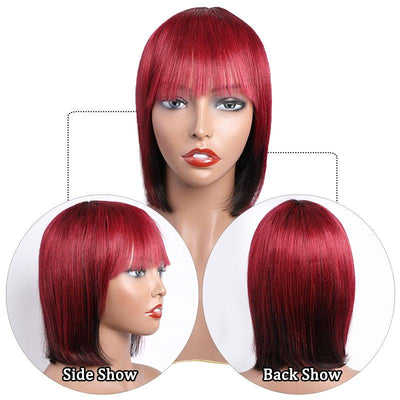 Modern Show 1B/99J Burgundy Human Hair Wig Short Bob Wig With Bangs Brazilian Straight Hair Machine Wig