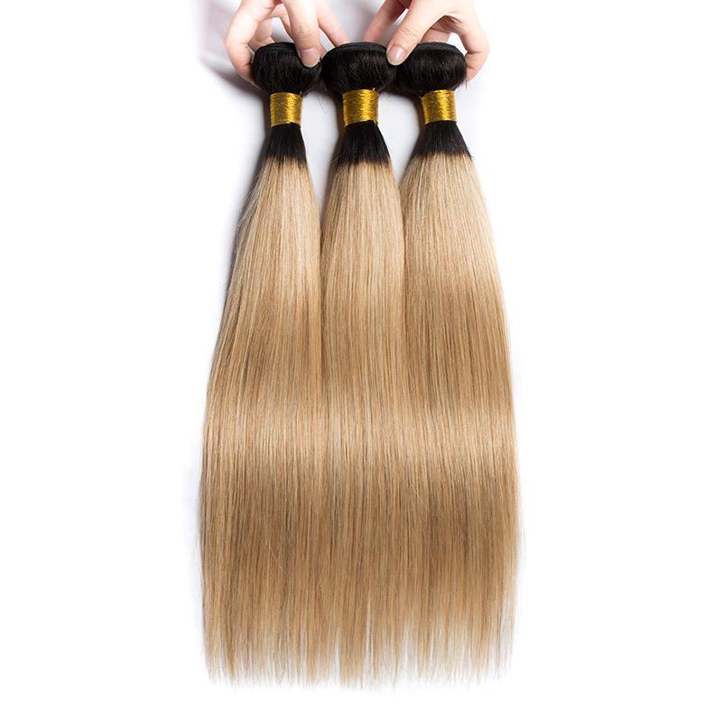 Modern Show Ombre Hair Bundles With Frontal 1B/27 Color Brazilian Straight Human Hair Weave 3pcs With Lace Frontal Closure