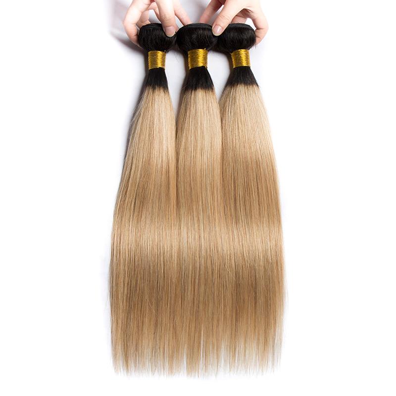 Modern Show 1B/27 Blonde Ombre Hair Color Straight Hair 3 Bundles With Closure Brazilian Weave Human Hair With 4x4 Lace Closure