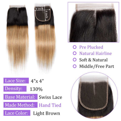 Modern Show Ombre 1b/27 Color Straight Lace Closure Remy Human Hair Middle Golden 4x4 Swiss Lace Closure With Baby Hair