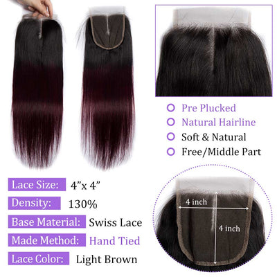 Modern Show 1B/99J Color Straight Human Hair 4 Bundles With Closure Ombre Dark Red Brazilian Hair Weave With 4x4 Lace Closure