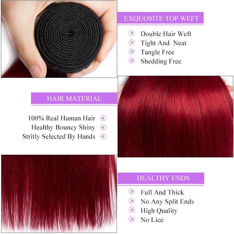 Modern Show Black Roots Burgundy Straight Hair Brazilian Human Hair Weave 4 Bundles Two Tone Color Hair Weft