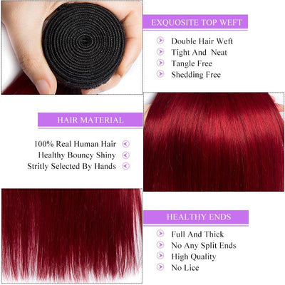 Modern Show Ombre Straight Human Hair Bundles With Frontal 1B/Burgundy Color Brazilian Weave 3pcs With Lace Frontal Closure