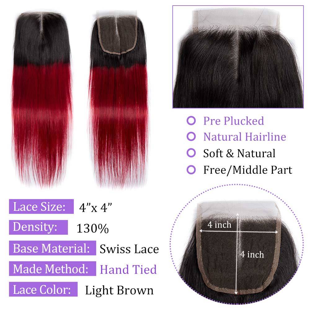 Modern Show 1B/Burgundy Ombre Hair Color Straight Lace Closure Remy Human Hair 4X4 Swiss Lace Closure With Baby Hair