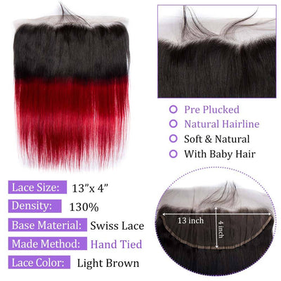 Modern Show Ombre Straight Human Hair Bundles With Frontal 1B/Burgundy Color Brazilian Weave 3pcs With Lace Frontal Closure