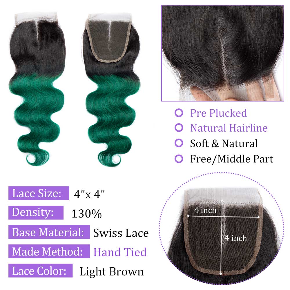 Modern Show Body Wave 1B/Green Color Lace Closure Middle Golden Ombre Human Hair 4x4 Swiss Lace Closure With Baby Hair