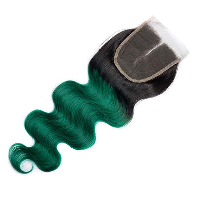 Modern Show Body Wave 1B/Green Color Lace Closure Middle Golden Ombre Human Hair 4x4 Swiss Lace Closure With Baby Hair