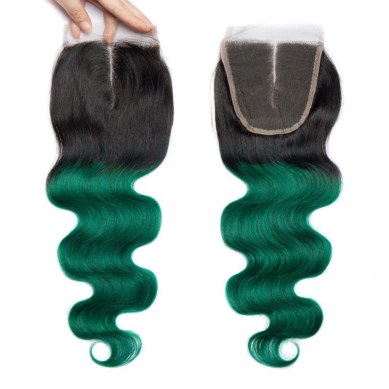 Black Roots Green Hair Bundles With Closure Body Wave  display picture 1