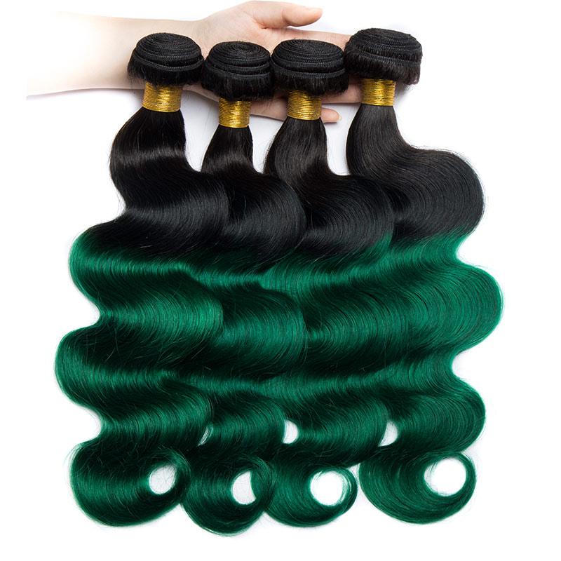 Black Roots Green Hair Body Wave Brazilian Human Hair Weave 