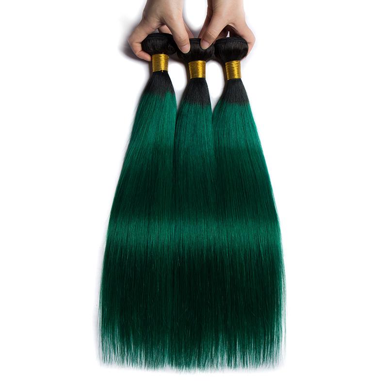 Modern Show Brazilian Straight Human Hair Extensions Black Roots Green Remy Hair Weave Bundle 1Pcs