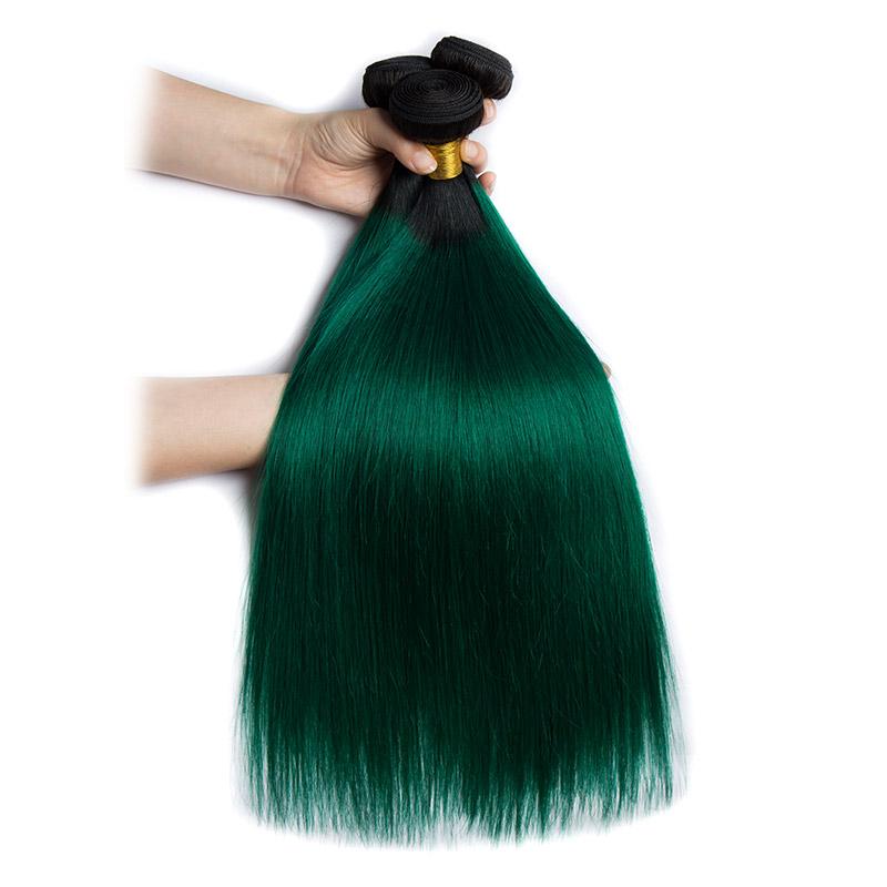 Modern Show Black Roots Green Hair Bundles Brazilian Straight Human Hair Weave 3Pcs Two Tone Color Hair Extensions