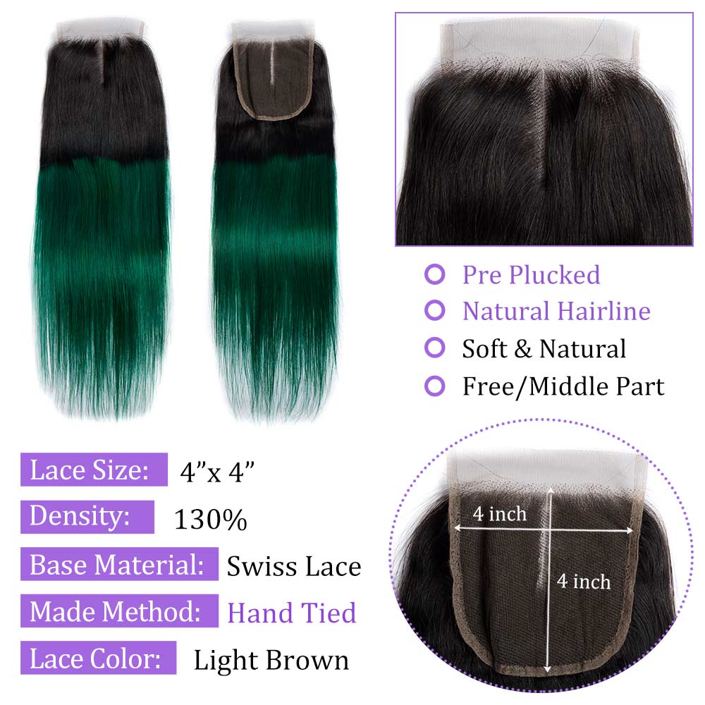 Modern Show Ombre 1b/green Color Straight Lace Closure Remy Human Hair 4x4 Swiss Lace Closure With Baby Hair