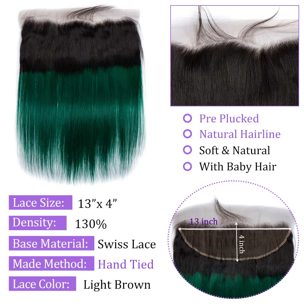 Modern Show 1B/Green Color Ombre Hair Bundles With Frontal Straight Human Hair Brazilian Weave 3pcs With Lace Frontal Closure