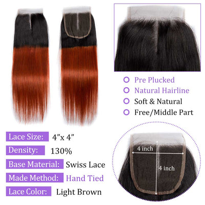 Modern Show 1b/350 Orange Ombre Color Human Hair Straight Lace Closure Remy Hair 4X4 Swiss Lace Closure With Baby Hair
