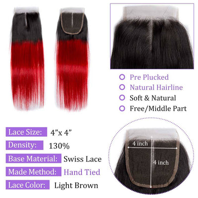 Modern Show Ombre 1b/Red Color Human Hair 4X4 Straight Lace Closure Remy Hair Lace Closure With Baby Hair