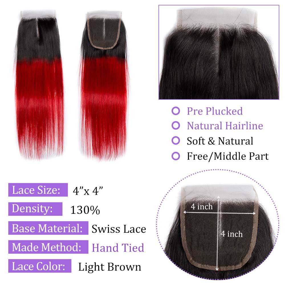Modern Show 1B/Red Color Straight Human Hair 4 Bundles With Closure Ombre Brazilian Hair Weave With 4x4 Lace Closure