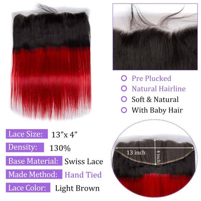 Modern Show Ombre 1B/Red Color Straight 13x4 Lace Frontal Closure Brazilian Human Hair Pre Plucked Lace Frontal With Baby Hair