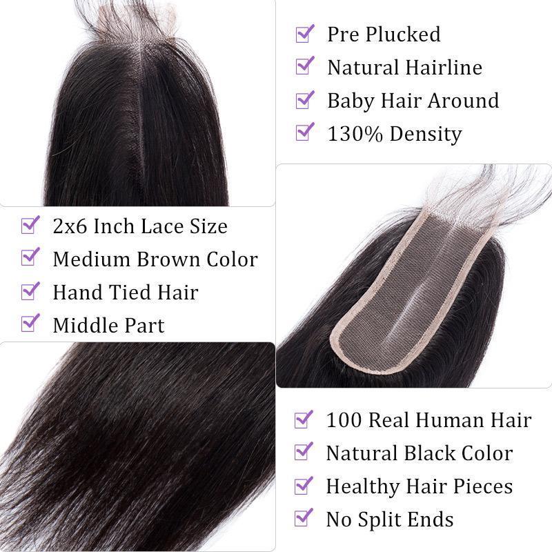 Modern Show 2x6 Inch Deep Part Closure Brazilian Straight Remy Human Hair Swiss Lace Closure Middle Part With Baby Hair-closure details