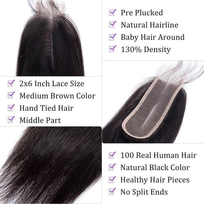 Modern Show 2x6 Inch Deep Part Closure Brazilian Straight Remy Human Hair Swiss Lace Closure Middle Part With Baby Hair-closure details