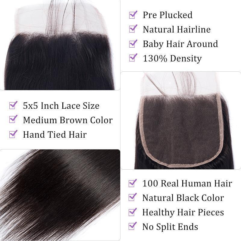 Modern Show Pre Plucked Straight 5x5 Lace Closure Malaysian Remy Human Hair Closure Free Part closure details