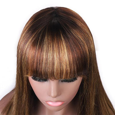 Modern Show Ombre Human Hair Wigs Highlight Straight Wig With Bangs Honey Blond Glueless Remy Hair Full Machine Wigs